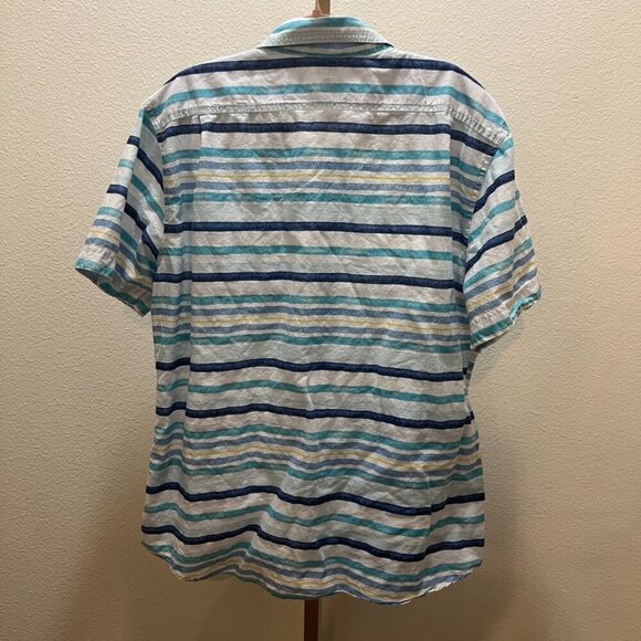 Izod Saltwater Shirt Mens XXL Blue White Yellow Striped Vacation - Picture 5 of 5
